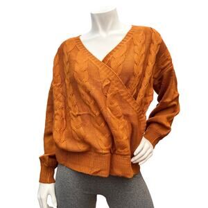 Prettygarden Women Wrap Sweater V neck Long Sleeve Solid Orange Size S